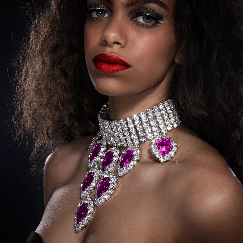 Deluxe Rhinestone Choker Necklace Multi-row Crystal Drop Pendant_voghion.com