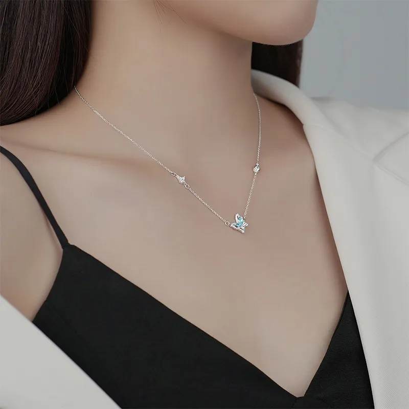 Chaînes en argent sterling avec pendentif papillon brillant pour fille douce, bijoux élégants à la mode, chaîne de clavicule pour femmes_voghion.com
