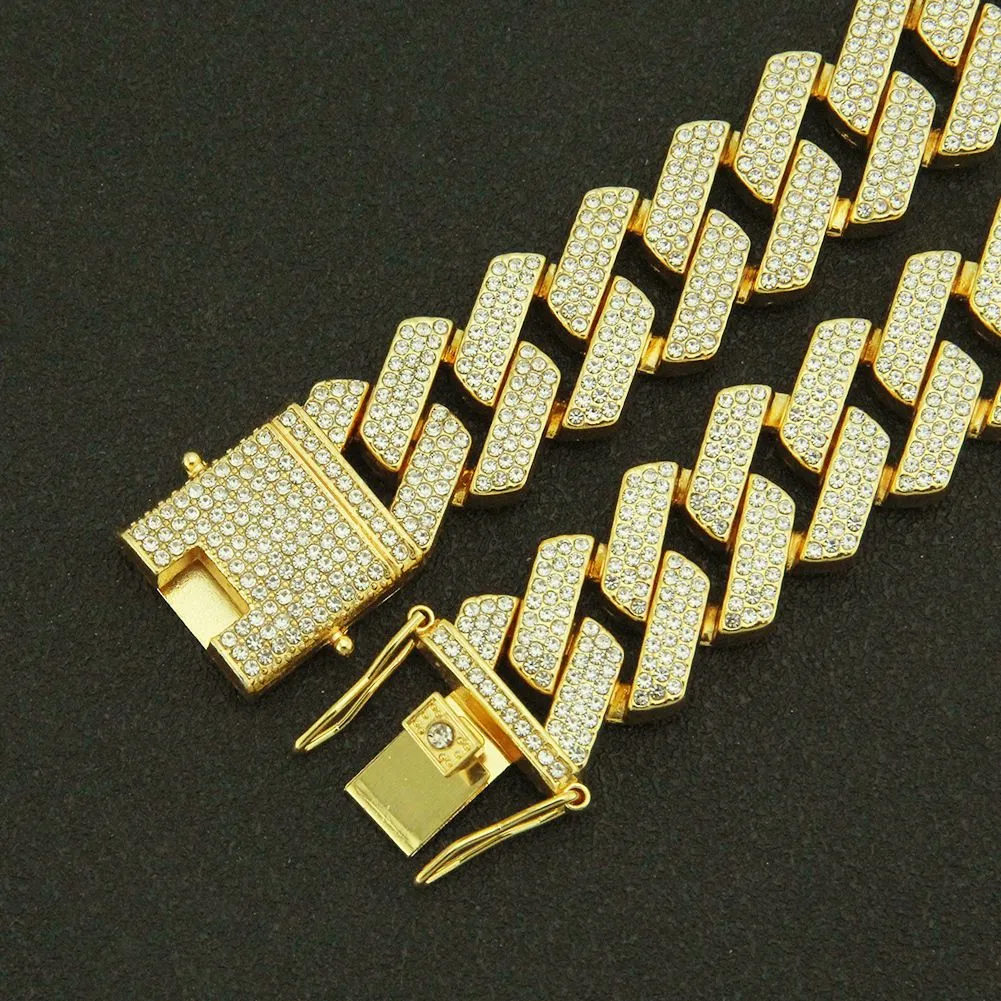 Set di bracciali a catena a maglie cubane, collana in metallo placcato oro pesante con zirconi per ragazzi e ragazze, design con fibbia, gioielli alla moda_voghion.com