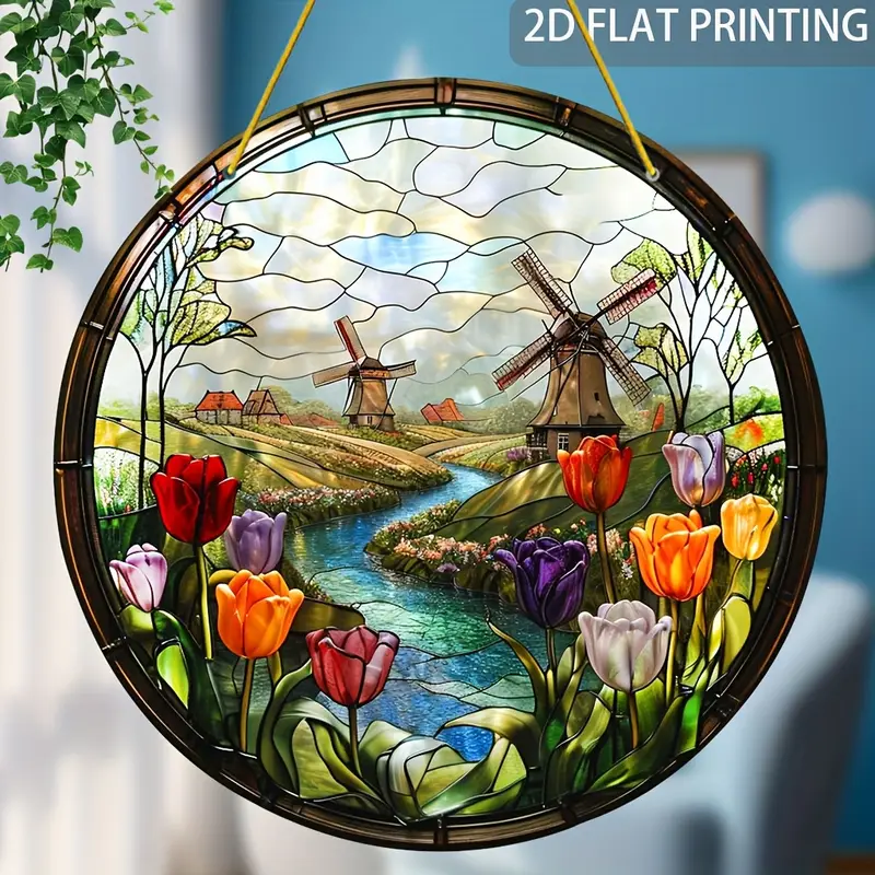 Windmill & Tulips Suncatcher - Vibrant Stained Glass-style Acrylic. Perfect For Mother's Day, Living Room,or Office Decor. Classic Round Hanging Panel_voghion.com