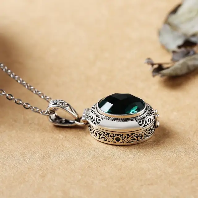 Squisito ciondolo in ametista intarsiato a forma di goccia placcato in argento intagliato, regalo di gioielli per donna con scatola per aromaterapia_voghion.com