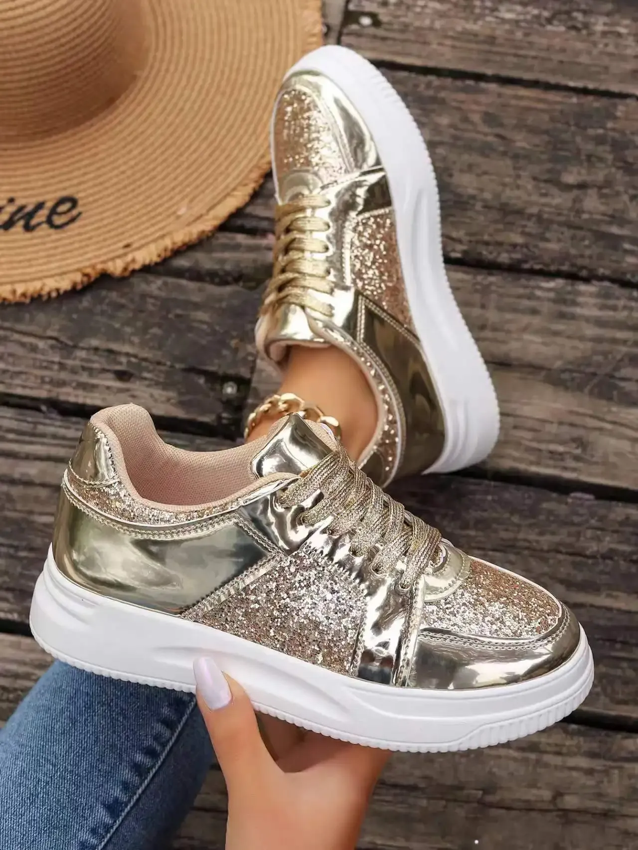 Women's Gold Sequins Platform Sneakers Autumn Fashion Casual Sports Thick Bottom Vulcanized Woman Flats Heels Shoes_voghion.com