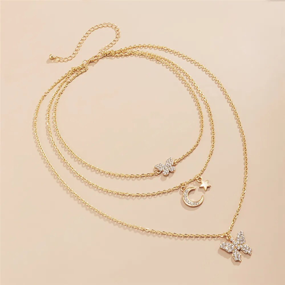 Colliers pendentifs mode bohème plaqué or argent couleur cristal papillon lune étoile collier pour femmes collier ras du cou multicouche_voghion.com