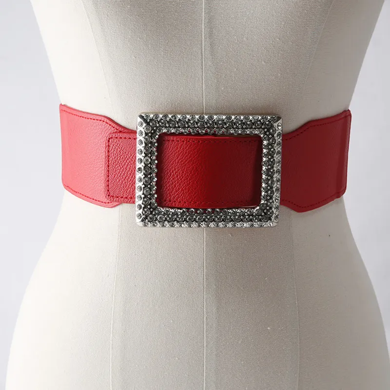 Cinture Cintura larga in pelle elastica alla moda per donna Cintura con fibbia quadrata con strass Cintura in vita con corsetto Cintura femminile_voghion.com