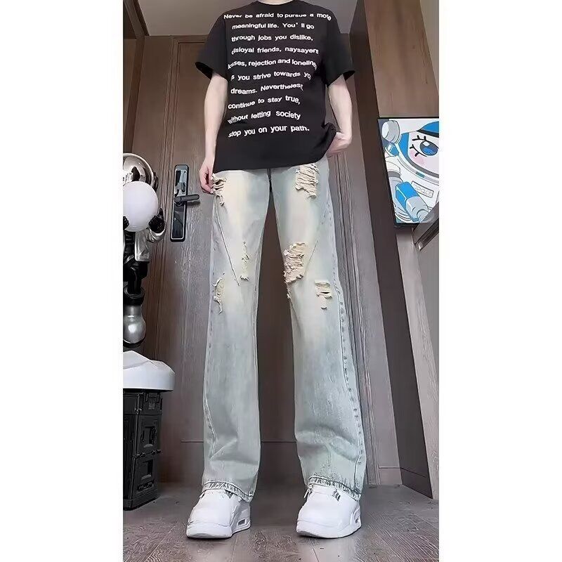 Jeans Used-Look, dünn Sommerhose für Herren Distressed-Design, gerade geschnittene Micro-Schlaghose im amerikanischen_voghion.com