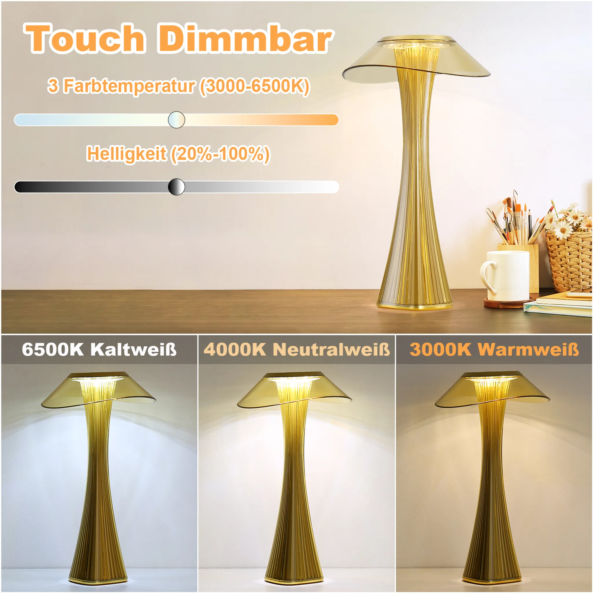 LED Tischlampe Touch Dimmbar - 3000-6500K Weiß Nachttischlampe Mit Akku Innen Und Aussen Beleuchtung Tagbare Tischleuchte Aufladen Mit USB_voghion.com