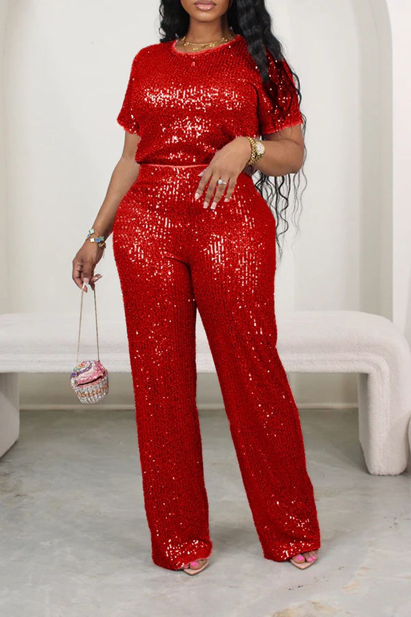 women's clothing new products solid color sequin round neck short T + straight pants suit_voghion.com