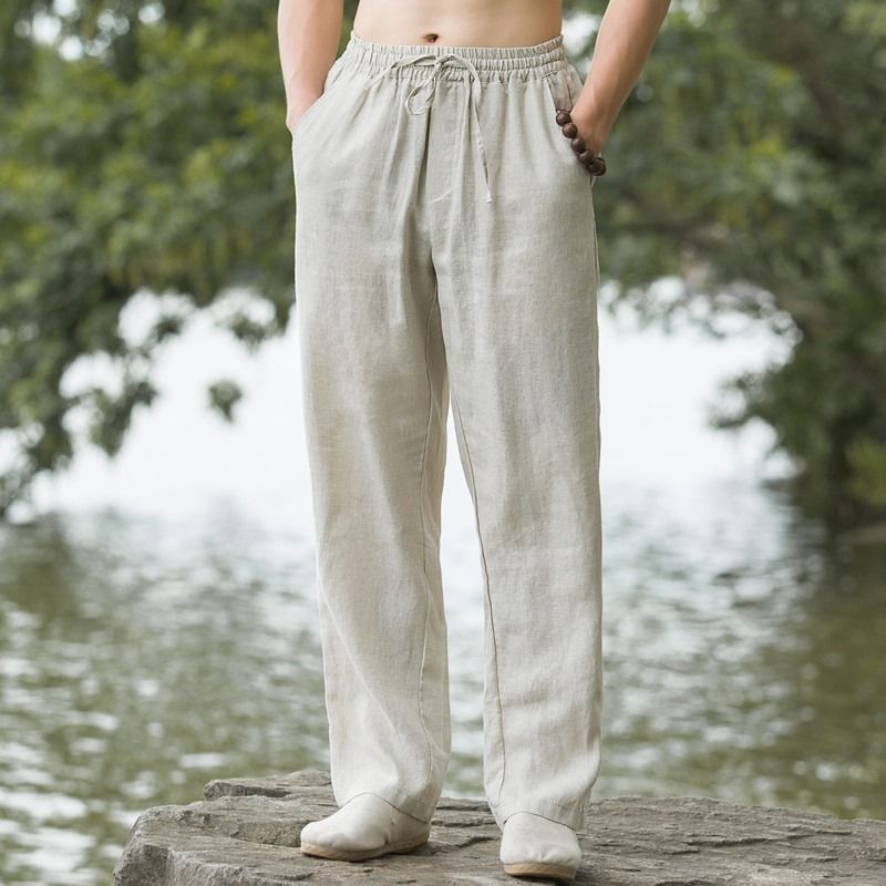Leinenhose für Herren im Sommer dünn atmungsaktiv 2024 neue mittleres Alter junge Baumwolle Leinen breite Bein_voghion.com