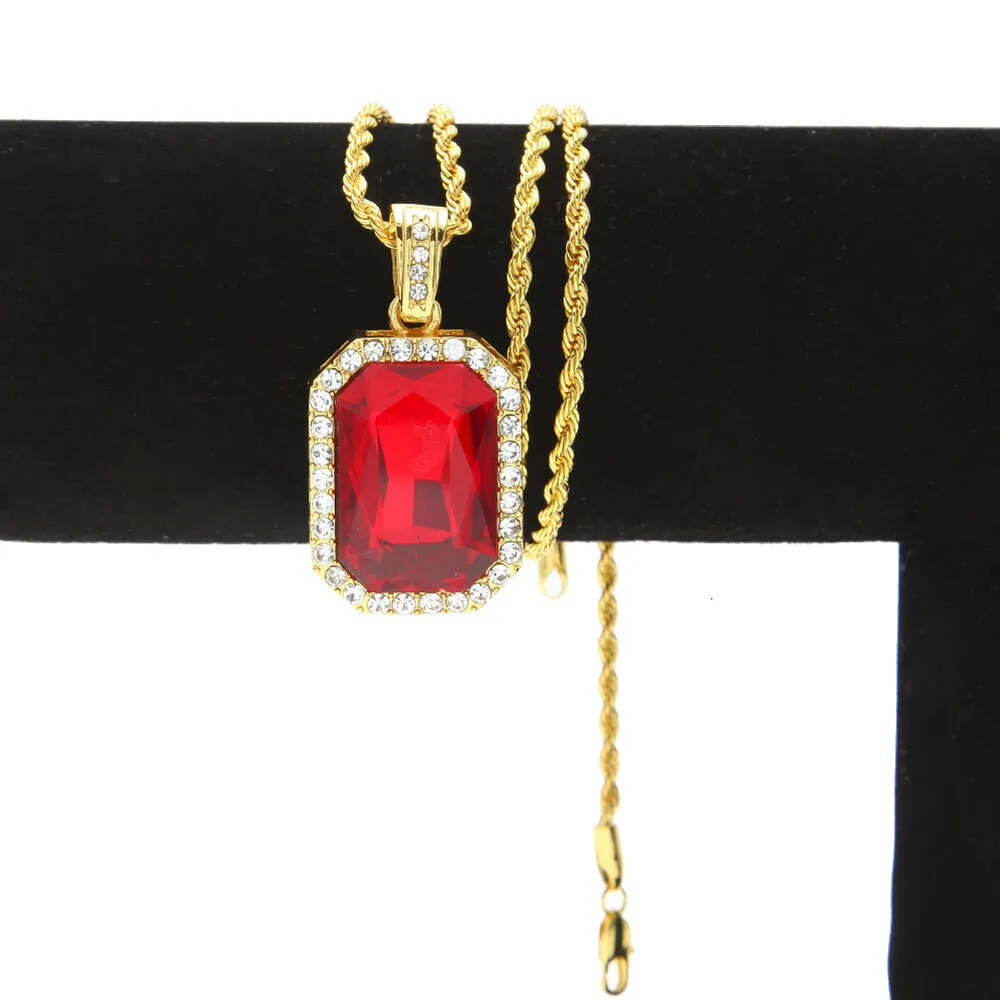 Hip Hop Diamond Square 4.5 * 2.5 Red Alloy Pendant Hiphop Men's Necklace_voghion.com