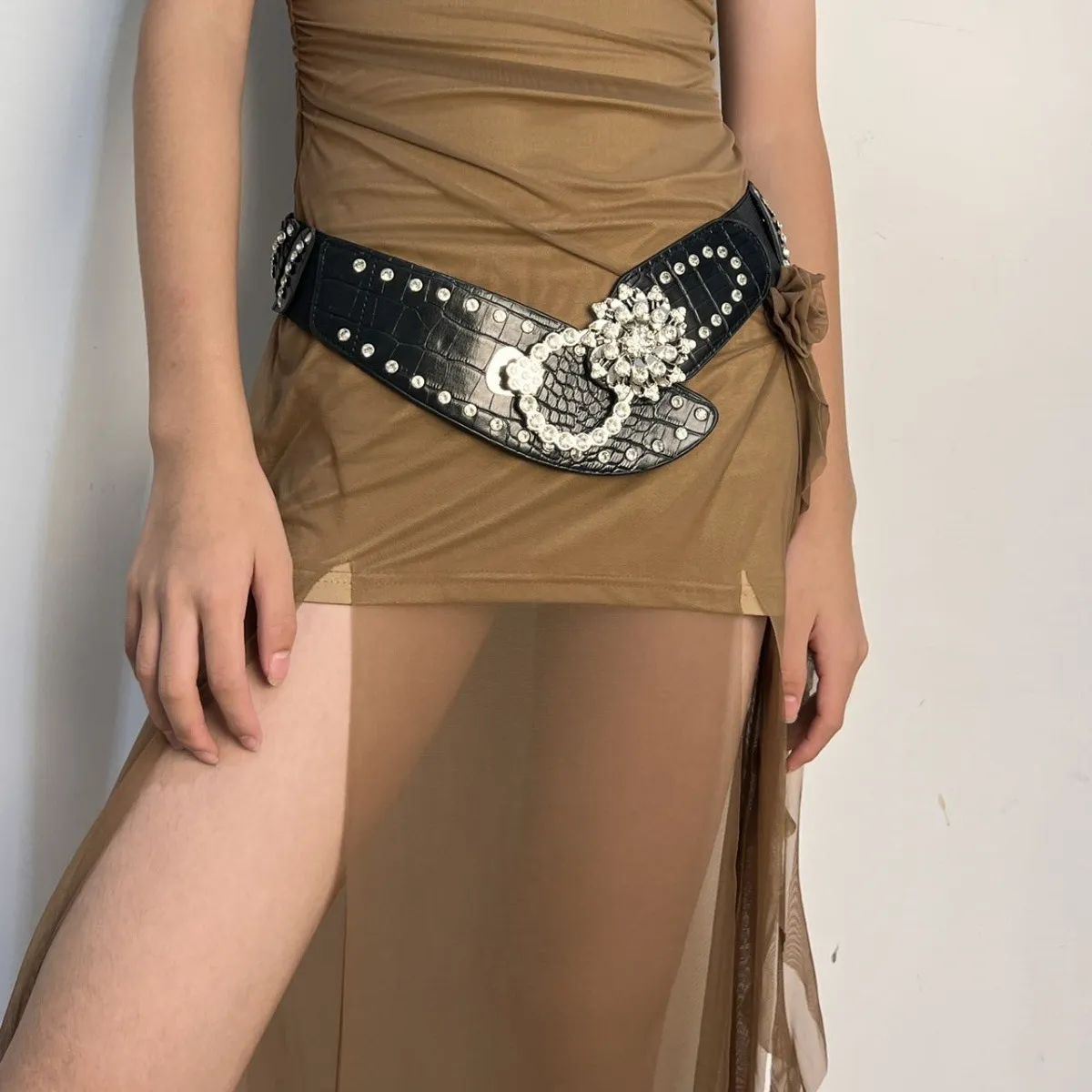 Cross-border Hot Sale Rhinestone Splicing Wide Dia High Elastic Waistband Ladies_voghion.com