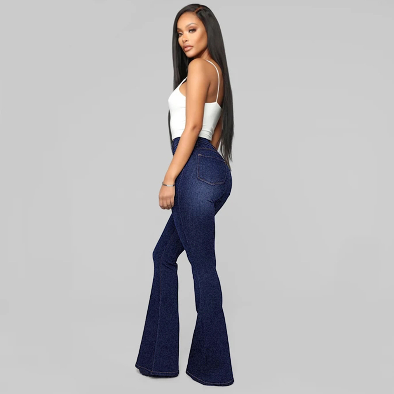 Roupas femininas clássicas cintura alta slim fit jeans calças ferradura_voghion.com