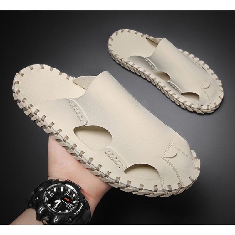Baotou Herren Sommer Strandsandalen Leder rutschfeste Slipper Fauler Mann ohne Absatz Halbschuhe_voghion.com