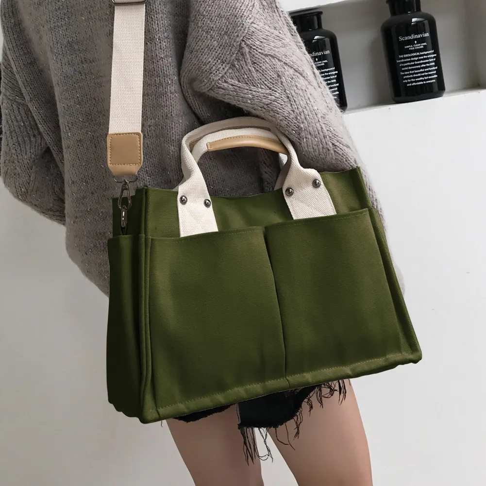 Borsa a tracolla in tela, alla moda, con manico superiore, grande capacità, multitasche, tracolla regolabile, semplice e portatile per il fine settimana_voghion.com