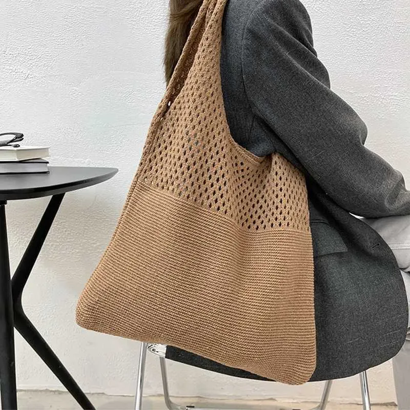 Gebreide tote tas dames retro schoudertas voor strand en zomer_voghion.com