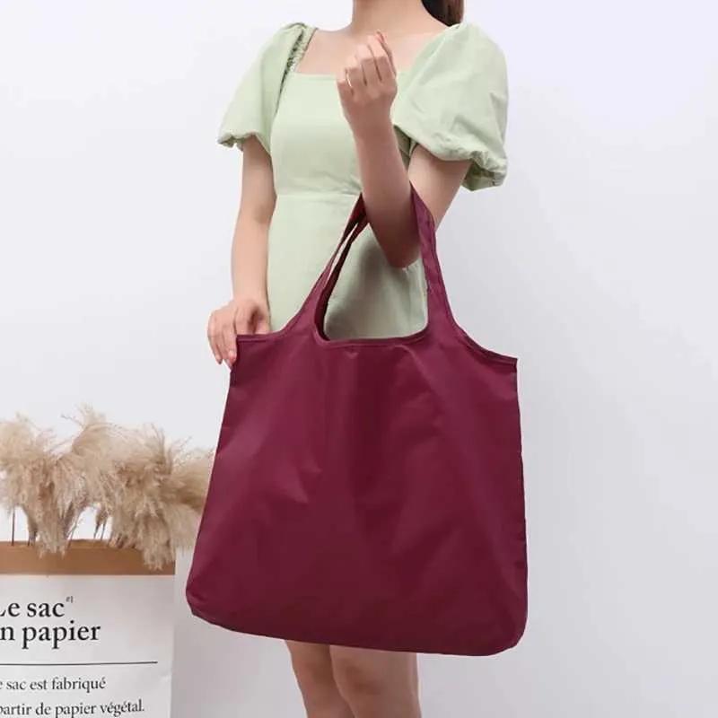 BIG Eco-Friendly Folding Shopping Bag Reusable Portable Shoulder Handbag for Travel Grocery simple solid color grocery_voghion.com