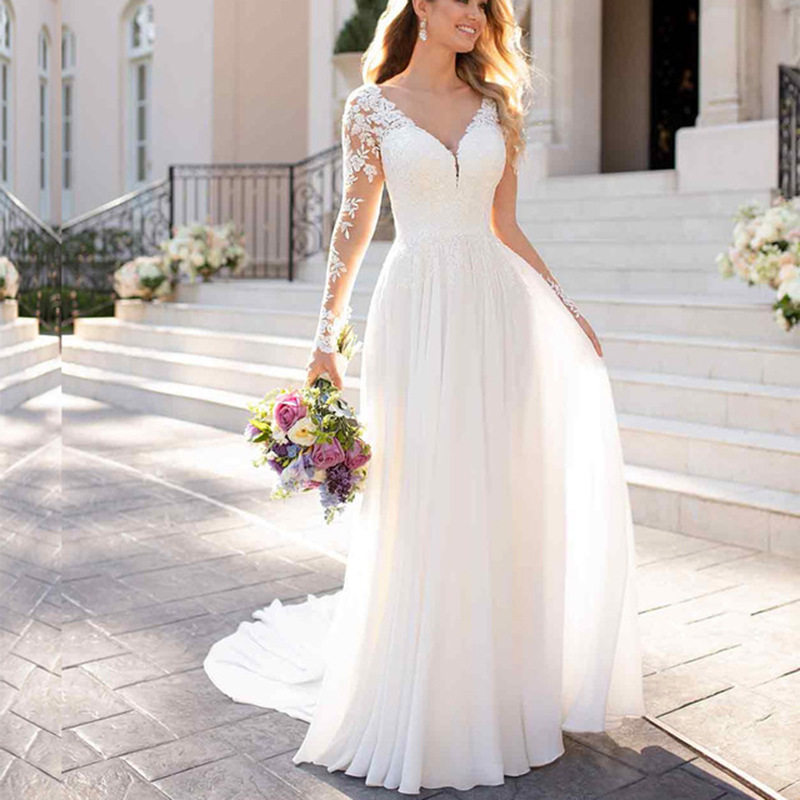 Robe de mariée légère de luxe pour femmes, nouvelle collection d'été, vente chaude, appliques en dentelle, col en V profond, transparente, manches longues, robe de mariée principale