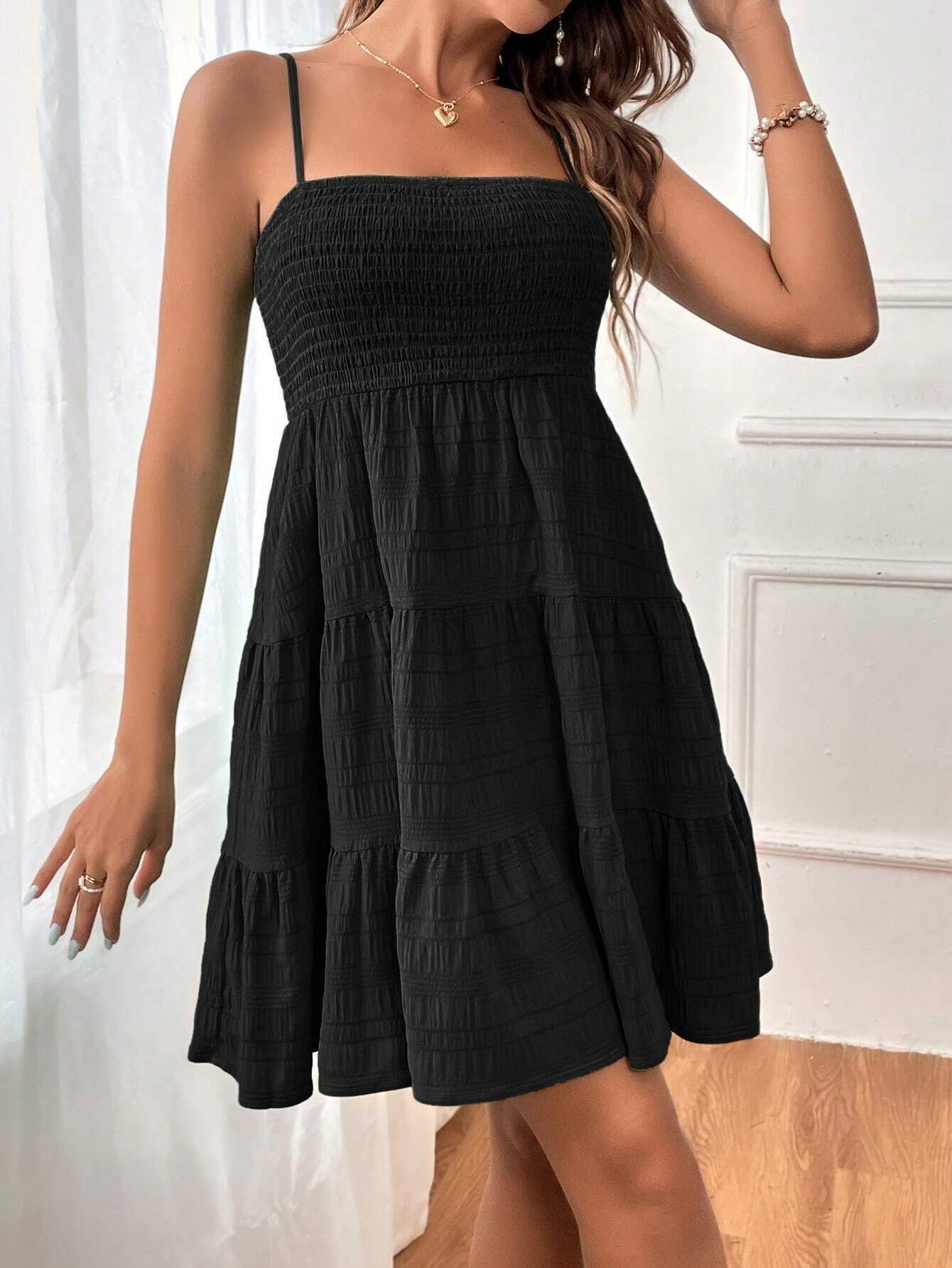 2025 Women's Summer New One Collar Thin Strap Solid Color Versatile Texture Dress_voghion.com