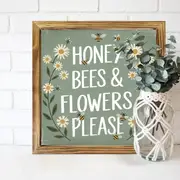 "8x8" 'Honey Bees & Flowers, Please' Wood Sign - Rustic Farmhouse Wall Art For Living Room, Entryway | Playful Easter Gift_voghion.com