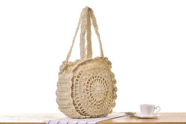 Semplice borsa di paglia a spalla singola rotonda cava, borsa da spiaggia con fiori intrecciati a mano, borsa da spiaggia_voghion.com