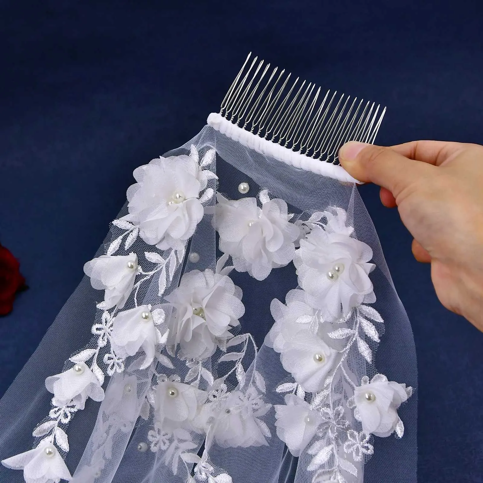 Hair Jewelry Elegance 3D Flowers Bridal Veil 1 Meters Short Veu Wedding Dresses Accessories with Organza Flower Voile_voghion.com