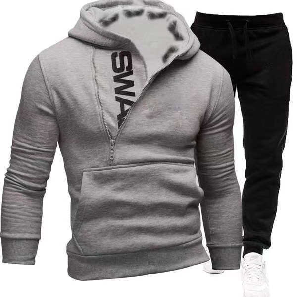 New men's hooded diagonal zipper printed pullover two-piece hoodie pants outer set_voghion.com
