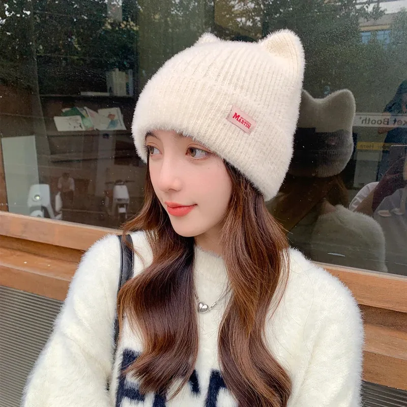 Ženske kape BeanieSkull, slatke mačje uši, zimska kapa s ušima, modna krznena pletena Kpop stila, mekane kape Beanie, ženske slatkiši_voghion.com