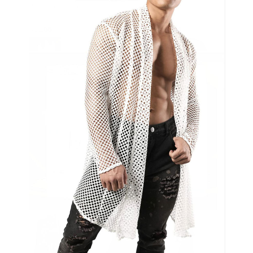 Herren-Übergröße, Schalkragen, Cut-Out, lange Strickjacke, Netzstoff, durchsichtig, Langarmshirt_voghion.com