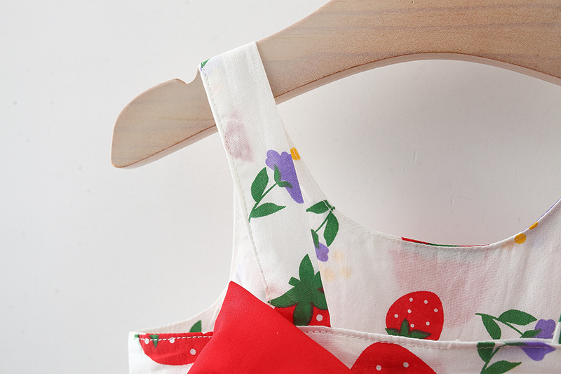 Vestido para niña con estampado de fresas y lazo, ropa de playa para bebé, sombrero incluido_voghion.com