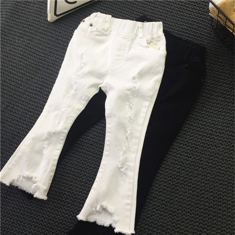 Mother & Kids Children's clothing girls black and white jeans spring new girls spring pants fashion ripped bell-bottom pants_voghion.com