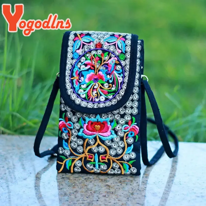 Pochette de voyage à bandoulière pour femme, sac à bandoulière vintage à fleurs avec fermeture éclair et broderie pour téléphone portable, petit sac à main_voghion.com