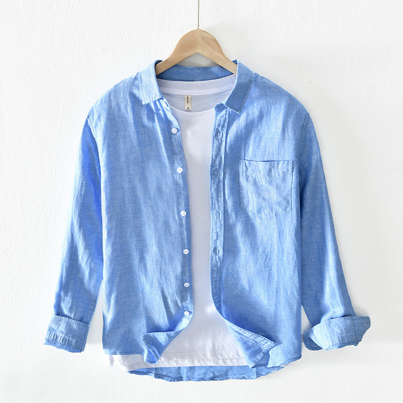 Men’s Clothing Simple Solid Color Men’s Casual Cotton And Linen Loose Long Sleeved Shirt