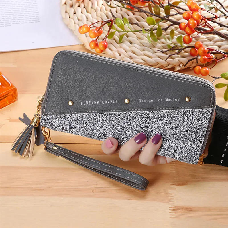 Yogodlns Damen-Geldbörse aus PU-Leder mit Kartenhalter, Handtasche mit Quaste, modische Umschlagtasche, Kontrastfarbe, Geldbörse B_voghion.com