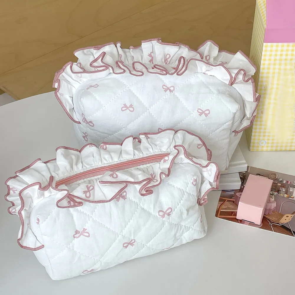 Korea Bow Print Damen Make-up Große Kapazität Tragbare Kosmetiktasche für Reisetoilettenartikel Gekräuselte Kante Kosmetikaufbewahrung_voghion.com