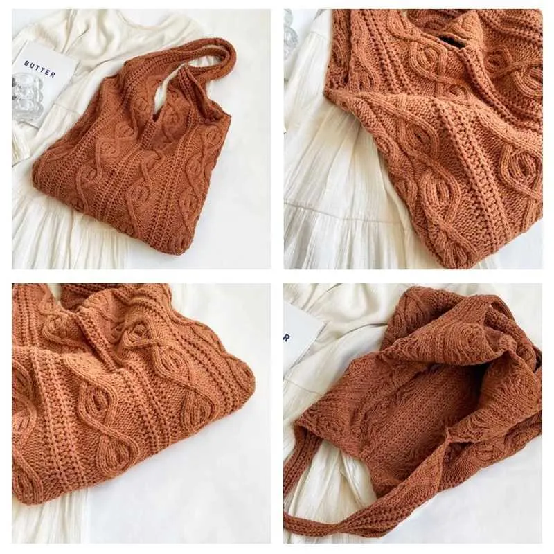 New Vintage Wool Knitted Hand Woven Shoulder Bag For Women Casual Shopping Handbag Large Capacity Female hetC241105_voghion.com