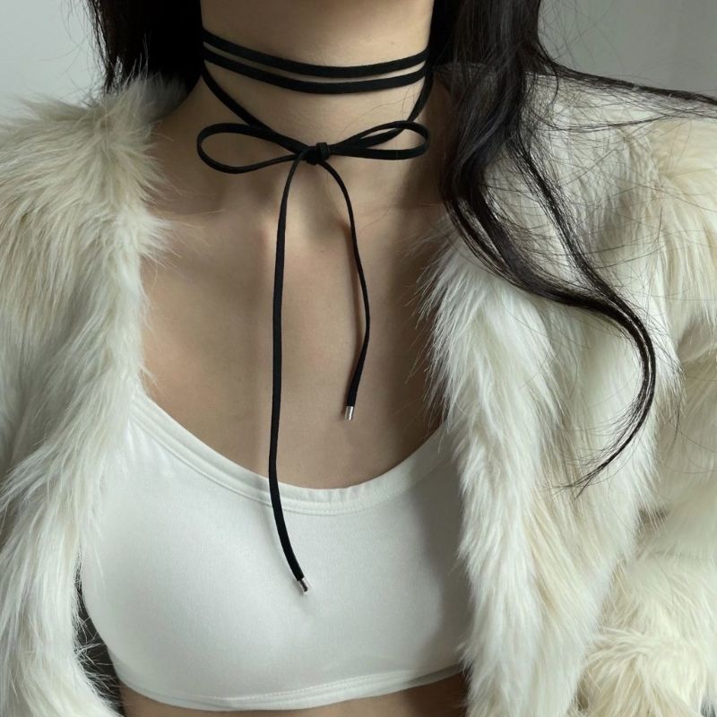 Collana lunga in corda Veets gotica coreana alla moda da donna, con fiocco nero, girocollo semplice, gioiello regolabile_voghion.com