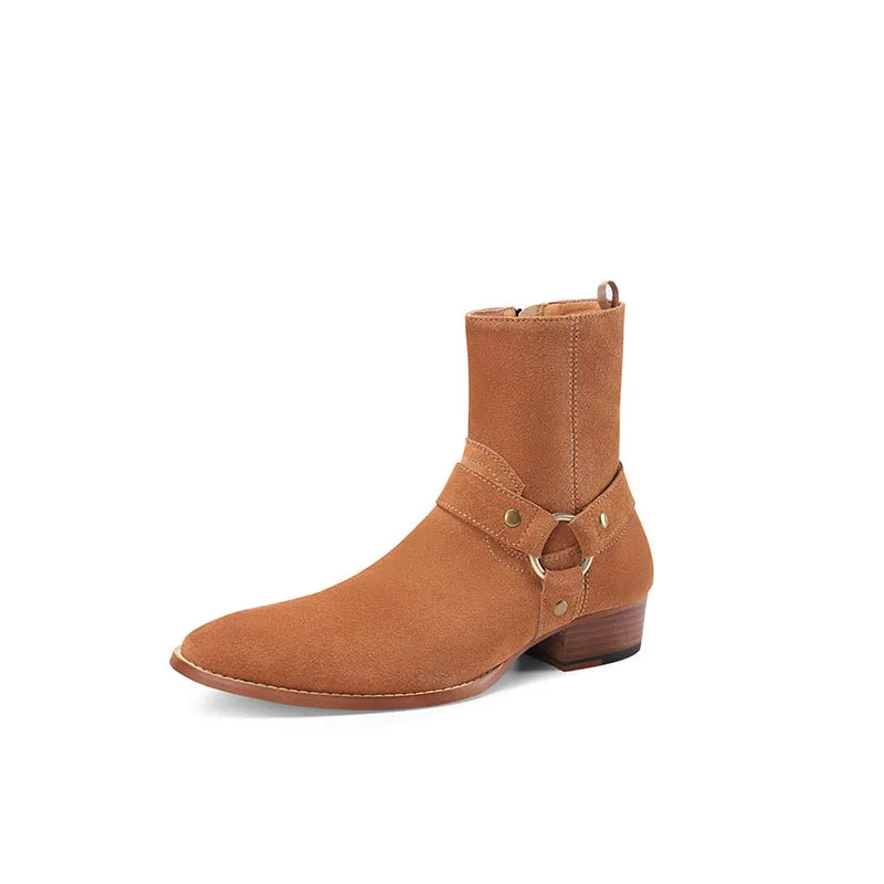 Vente chaude - Mode Biker Chaînes Cheville Hommes Bout Pointu Boucle En Cuir Marron Bottes Habillées Chaussures Hommes_voghion.com