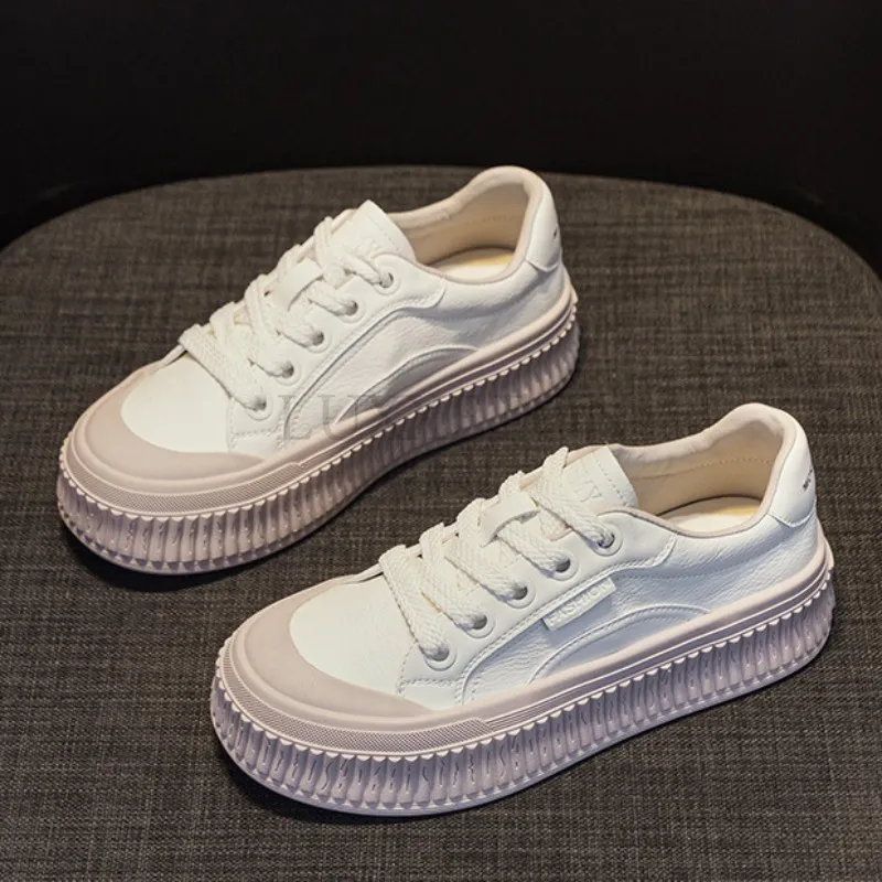 Genuine Leather Raised Lace Up Thick Sole Wear-resistant Biscuit Non Slip and Breathable Casual Women Board Shoes_voghion.com