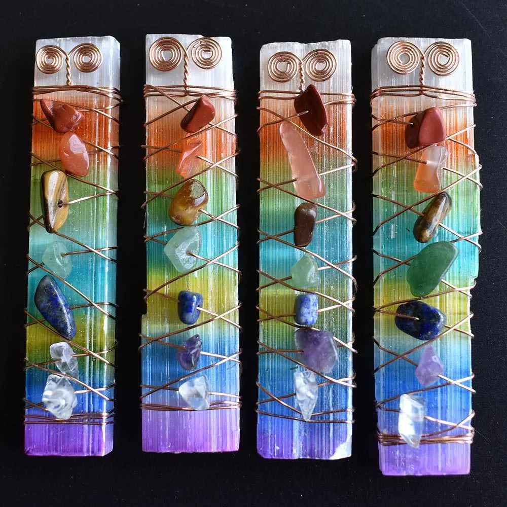 7 cristaux de guérison des chakras, perles en fil de fer enroulé, bâton de sélénite brute pour la méditation du yoga, spirituel, Reiki_voghion.com