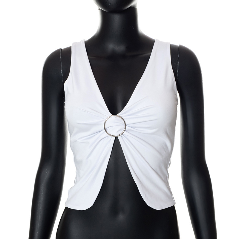 Q22TP273 Summer New 2024 Solid Color Pullover Sleeveless Pleated Open Navel Casual Women's Tank Top_voghion.com