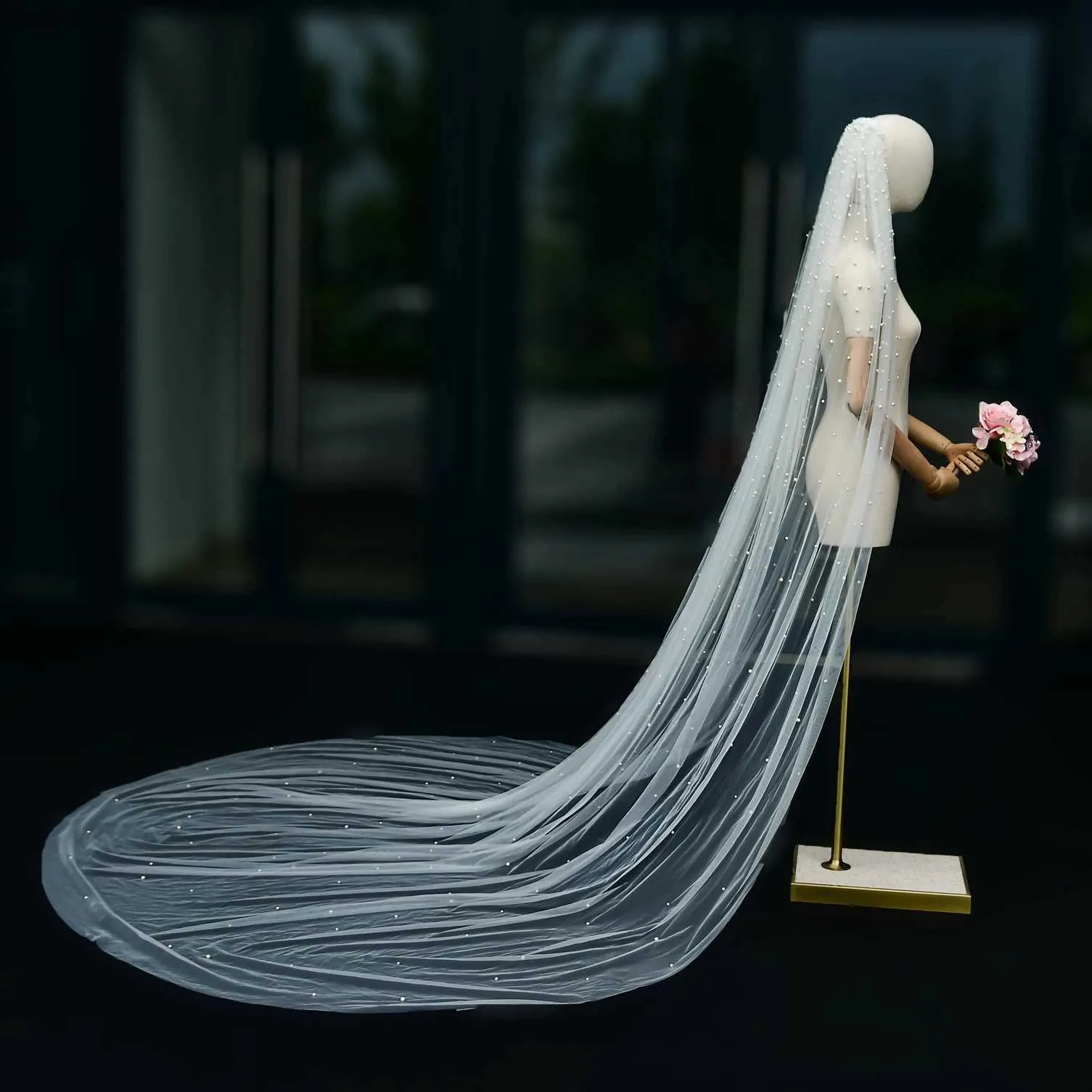 Gioielli per capelli V139a Veli da sposa con perline Velo extra lungo da cattedrale Lunghezza 3 metri con pettine Accessori da sposa_voghion.com