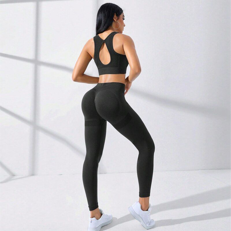 Set de trening de yoga simplu, 2 bucăți, fără cusături, foarte elastic, cu spate încrucișat, colanți cu control al abdomenului și șoldurilor_voghion.com