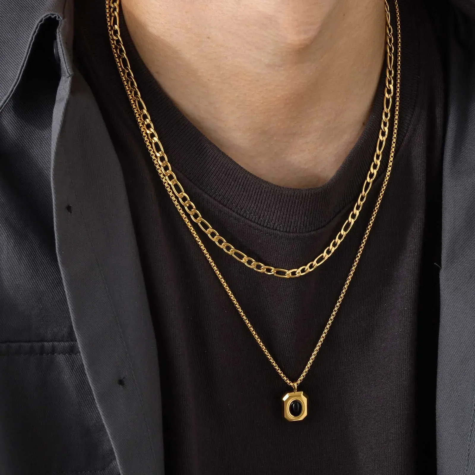 Collana quadrata nera elegante per uomo in oro giallo 14k con catena cubana a forma di scatola Figaro, colore dorato, a doppio strato_voghion.com