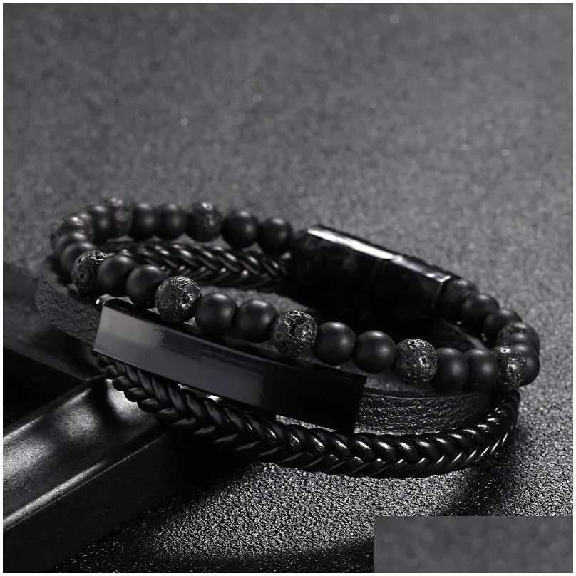 Multilayer Braided Leather Wrap Stone Lava Tiger Eye Natural Gemstone Bracelet Magnetic Clasp Bangle Cuff Wristband Drop_voghion.com
