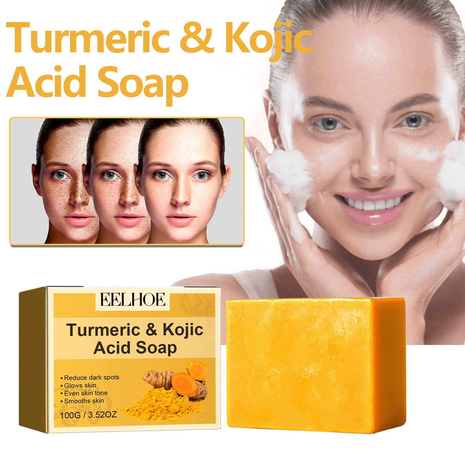 EELHOE Turmeric & Kojic Acid Soap, Gently Clean Face Fade Spots Brighten Skin Tone Moisturize And Moisturize Even Skin Tone_voghion.com