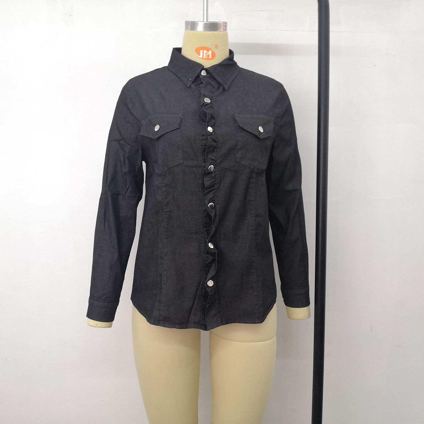 Langärmlige Jeanskleidung für Damen, mittellanges neues Jeanshemd für Damen_voghion.com