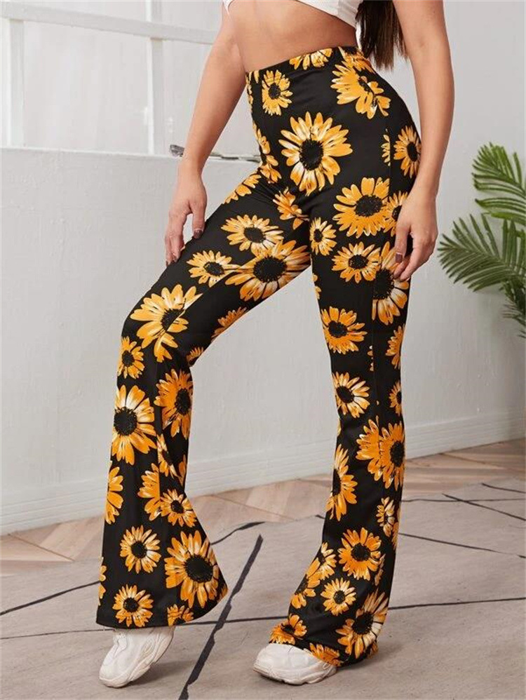 Neue Frühling und Herbst Atmungsaktive Sonnenblumen Blume Hohe Taille Hohe Elastische Casual Hosen_voghion.com