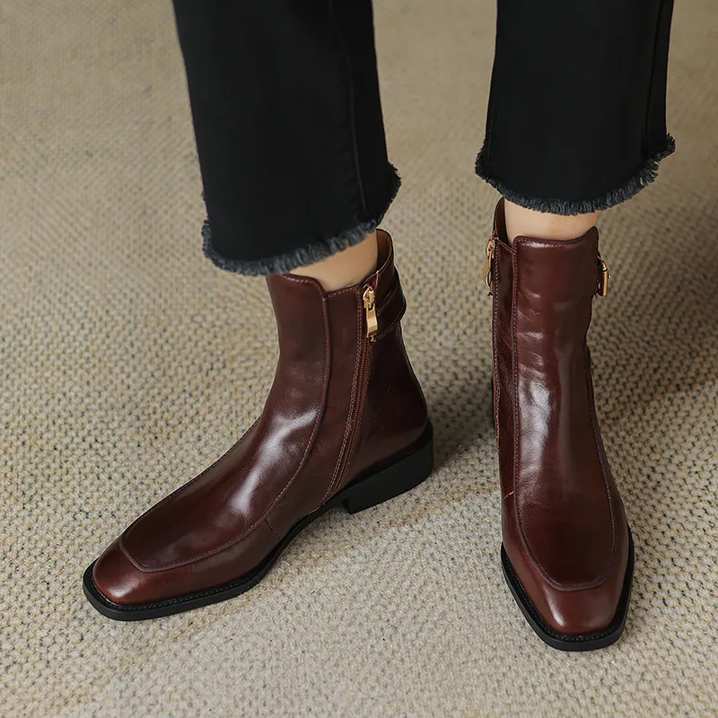 2024 New Autumn Square Toe Low Heel Women Shoes Genuine Brown Ankle Block Retro Leather Boots 3d39_voghion.com