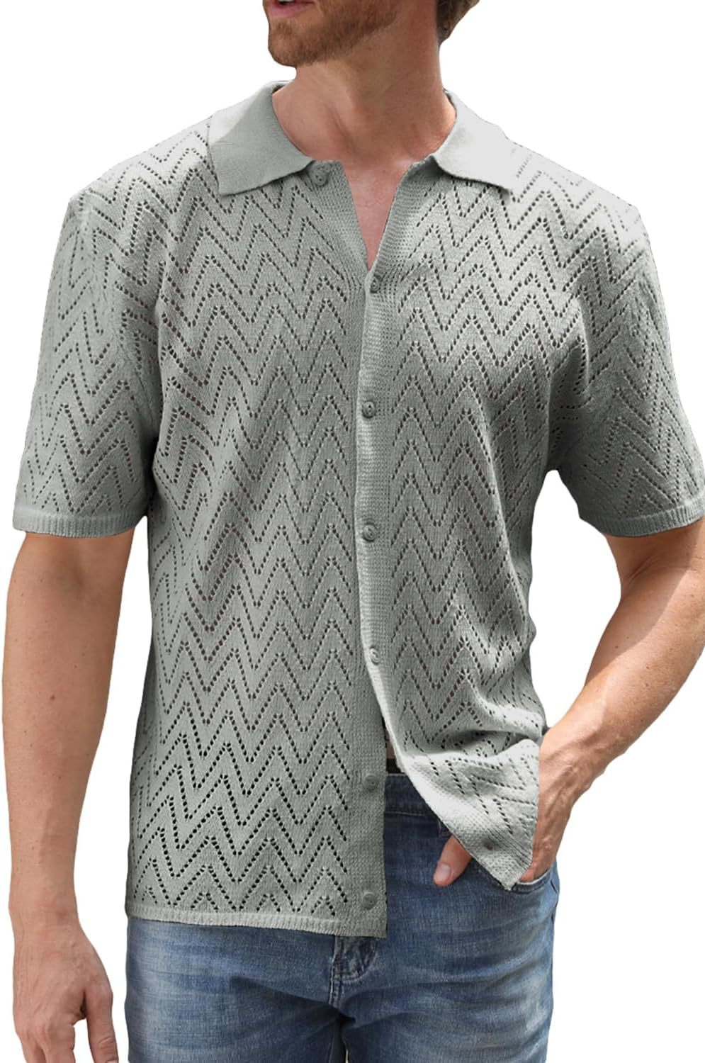 Ropa de hombre Camisa de punto informal para hombre Camisa de manga corta para hombre Cárdigan de color liso Tops calados Ropa de hombre_voghion.com