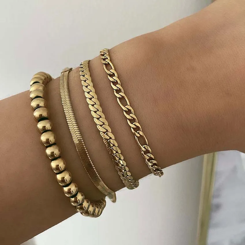 Brățară placată cu aur autentic, lanț cubanez de 5 mm, frânghie de 3 mm, unică, subțire, cu microfigaro, lanț de grâu, din oțel inoxidabil, streetwear_voghion.com