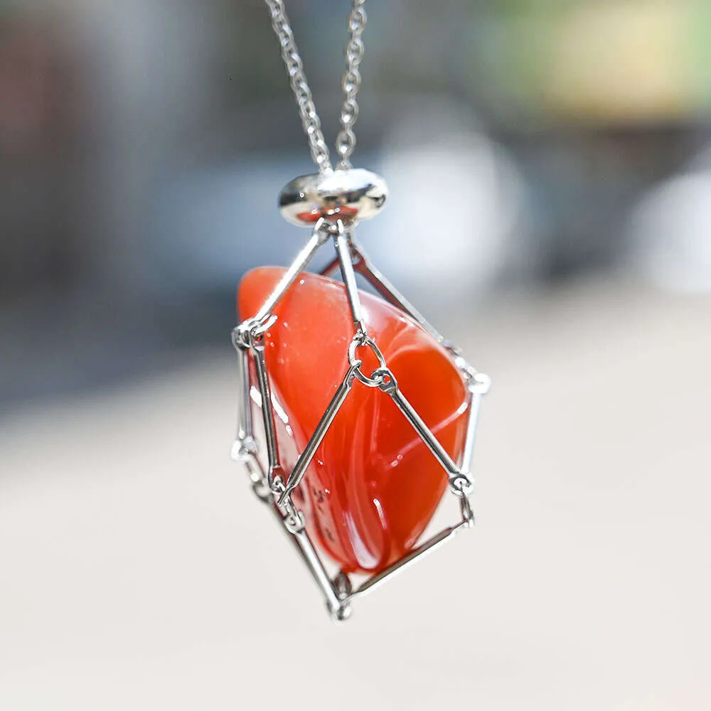 Collier avec pendentif en pierre naturelle interchangeable en forme de cage en cristal, bijou esthétique en forme de marée de loup pour hommes et femmes_voghion.com